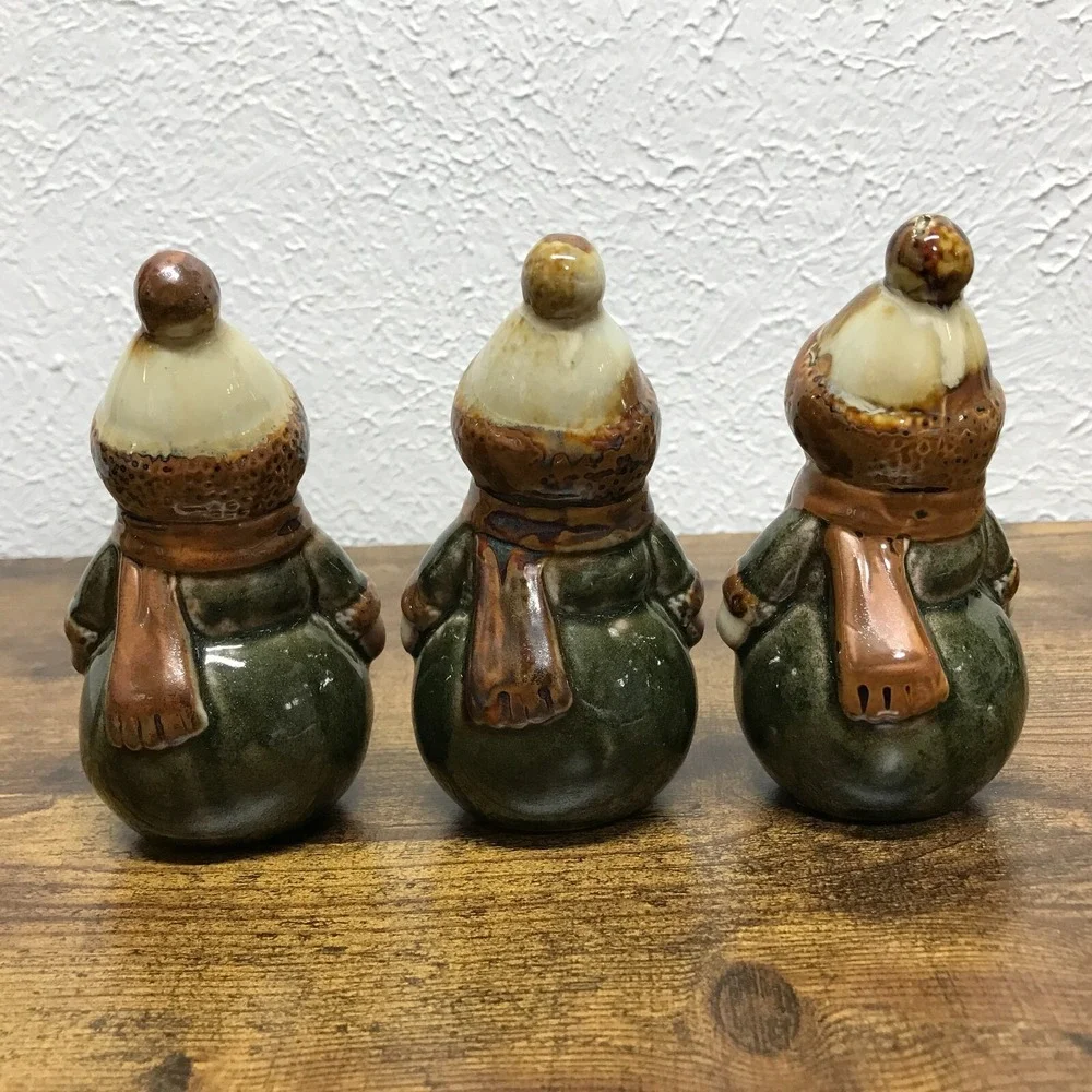 Ceramic Glazed Snowmen Lot of 3 Green‎ Brown Christmas 4.5